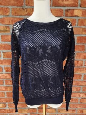 Ann Taylor Navy Lace Crochet Long Sleeve Top